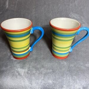 Set Of 2 Fitz and Floyd Fiesta Coffee Mugs Oversized Colorful Latte Hand Painted
